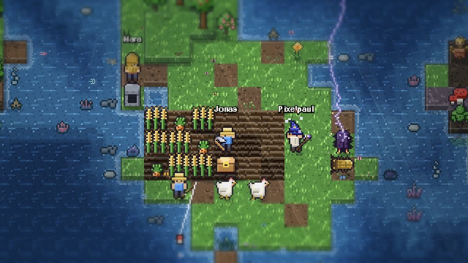 Four players on a small farm island: fishing, working the field, at the furnace and fighting two beetles with a wand